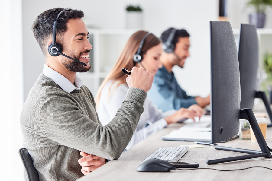 call center team with headset, computer for online customer support, service or help