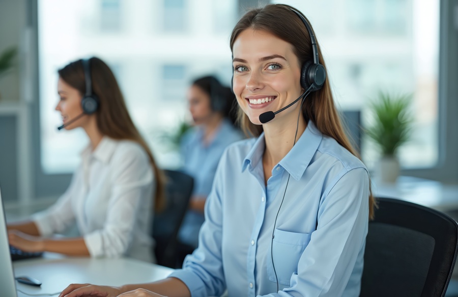 young woman call center operator with headset. Portrait of female assistant in office environment