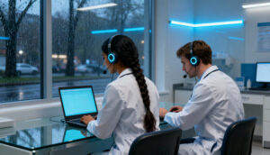 Medical call center professionals using headsets for remote patient support