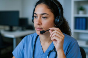 Healthcare call center professional wearing headset for patient consultation