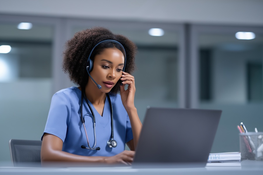 A healthcare after hour medical nurse triage with a headset offers remote medical assistance and patient support